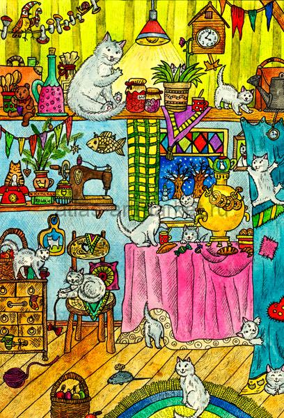 Зимнее волшебство, серия "Коты и котики", авторская почтовая открытка
