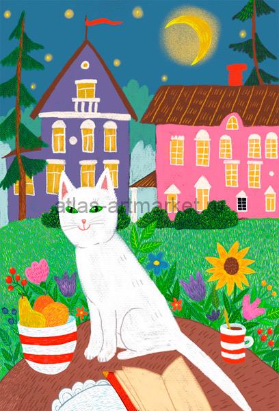 Кошка на даче, серия "Коты и котики", авторская почтовая открытка
