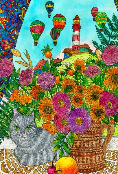 Кот у моря, серия "Коты и котики", авторская почтовая открытка