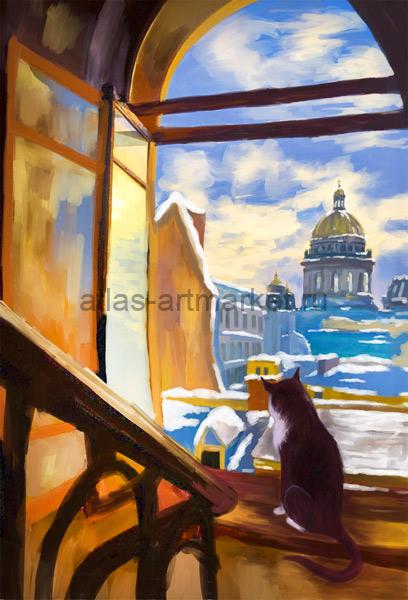 Кот Василий и вид на Исаакиевский собор, серия "Коты и котики", авторская почтовая открытка