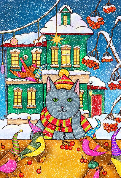 Котик на даче зимой, серия "Коты и котики", авторская почтовая открытка
