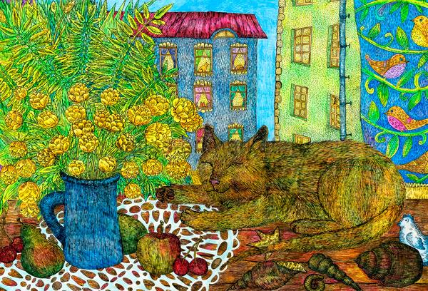 Котик, спящий у окна, серия "Коты и котики", авторская почтовая открытка