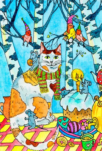 Пасхальное чаепитие, серия "Коты и котики", авторская почтовая открытка