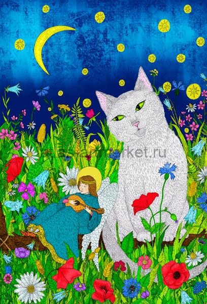Тихая ночь, серия "Коты и котики", авторская почтовая открытка