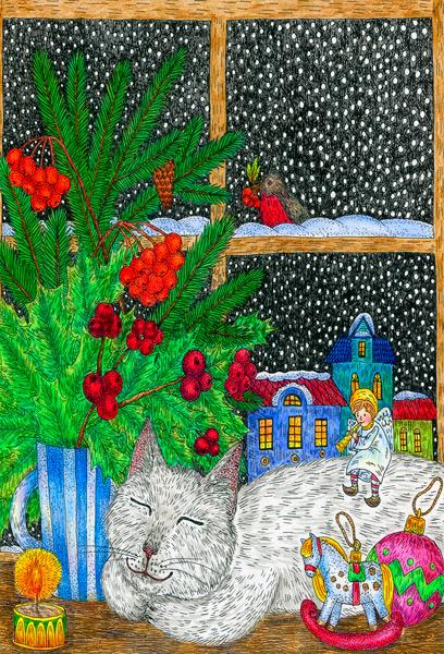 Зимний уют, серия "Коты и котики", авторская почтовая открытка