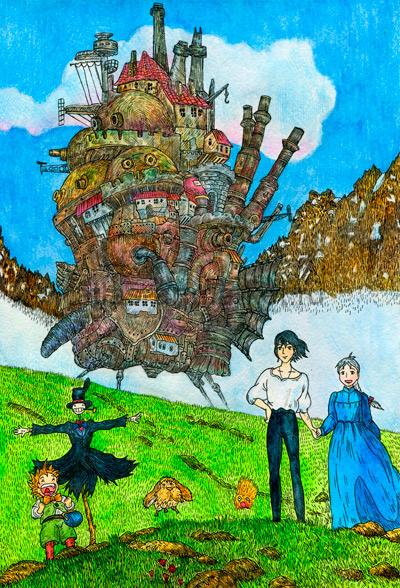Купить авторский постер с героями аниме "Ходячий Замок". Серия "Миры Хаяо Миядзаки"