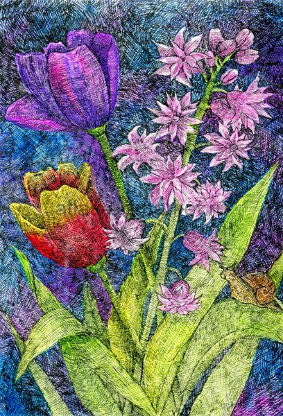 Купить авторскую открытку «Тюльпаны и гиацинт». Серия «Цветы и букеты»